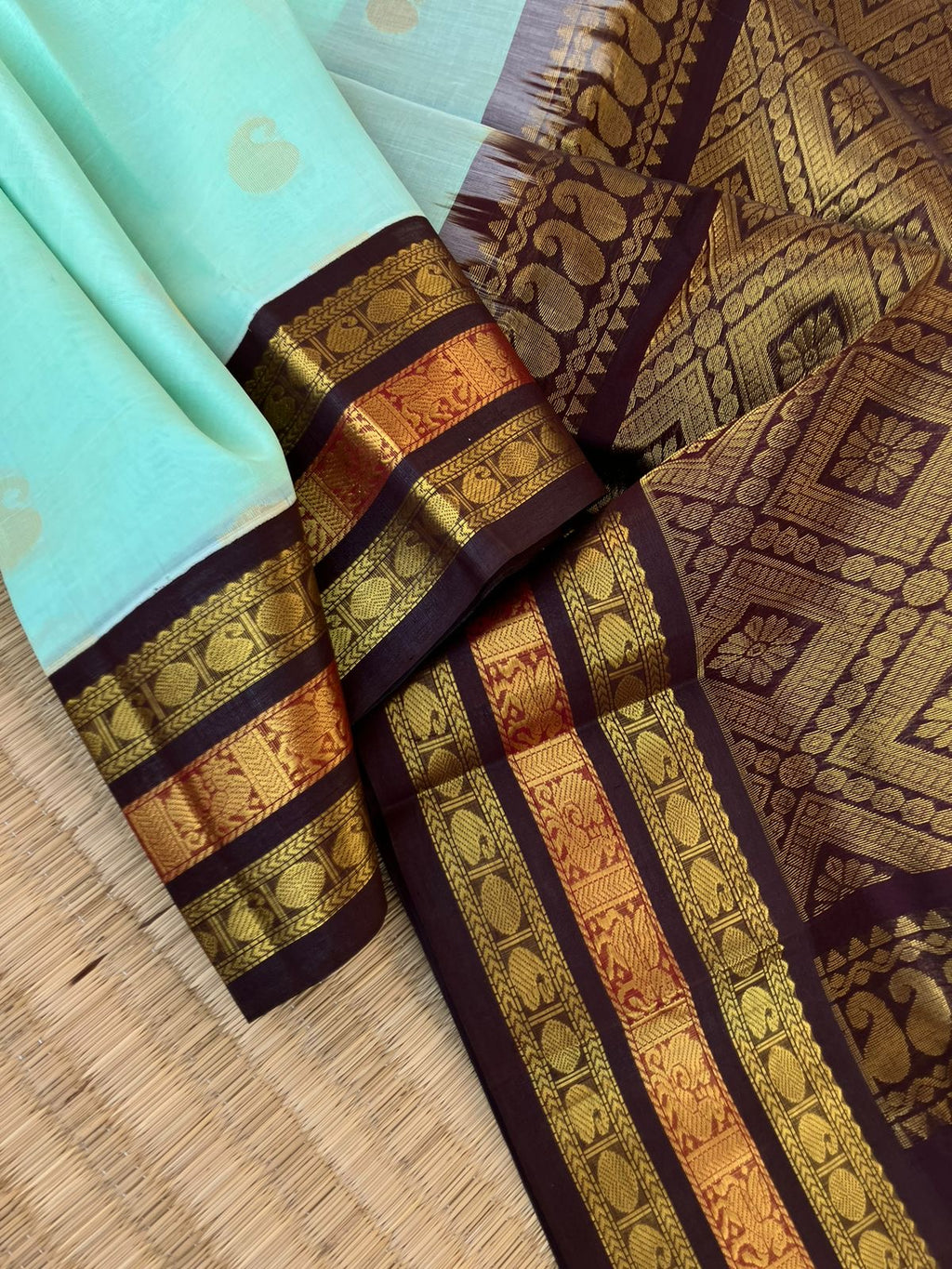 Korvai Silk Cotton - pastel ice blue and coffee brown