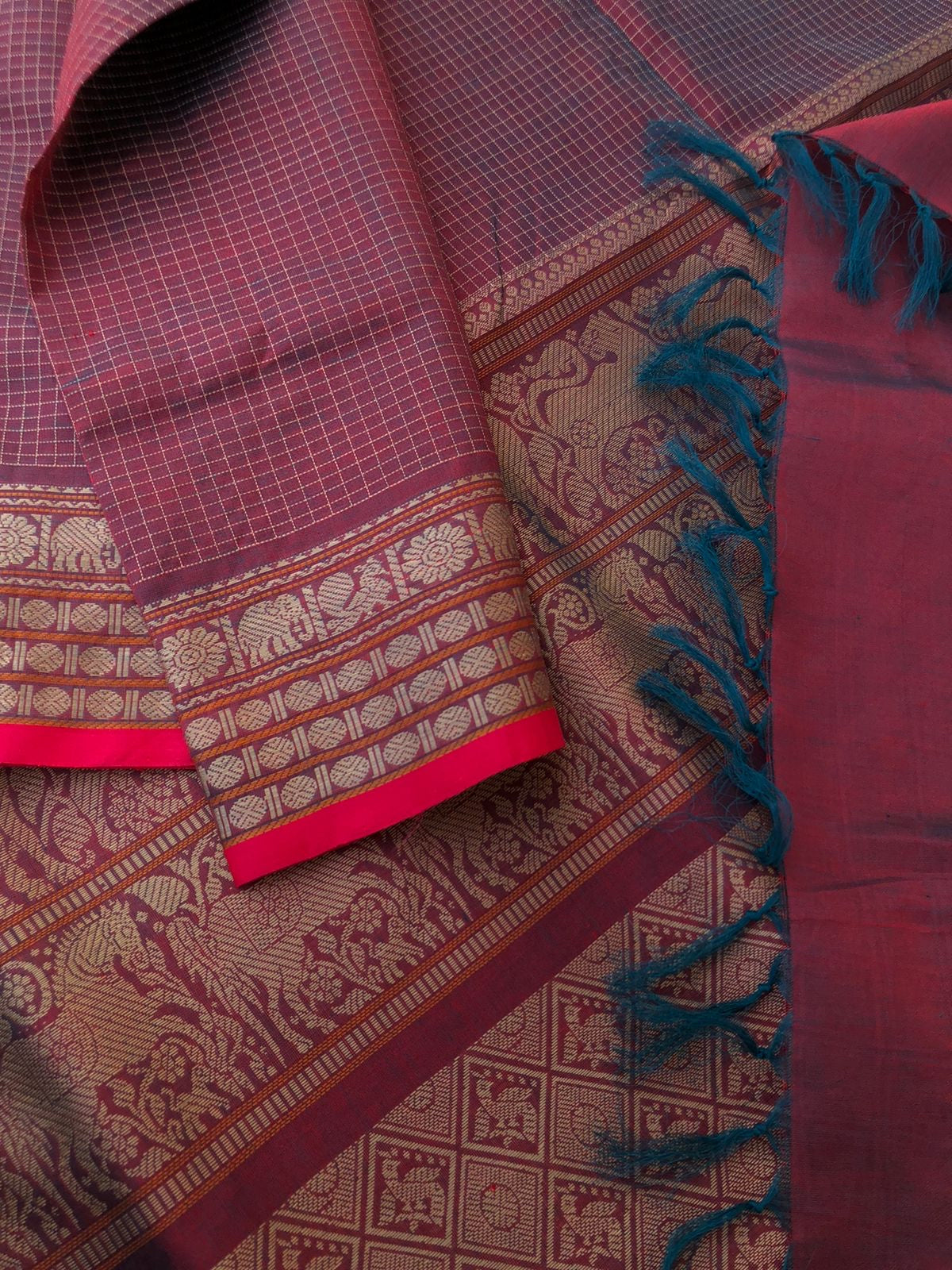 Woven Motifs Silk Cottons - unusual blue mixed red posi kattam with thread woven borders and stunning pallu