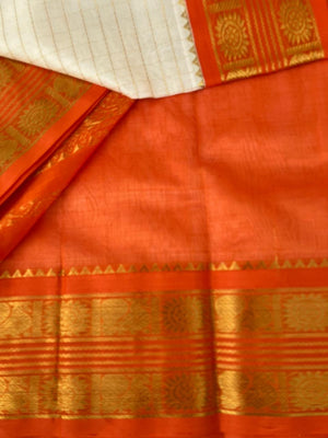 Korvai Silk Cotton - off white and orange zari kattam