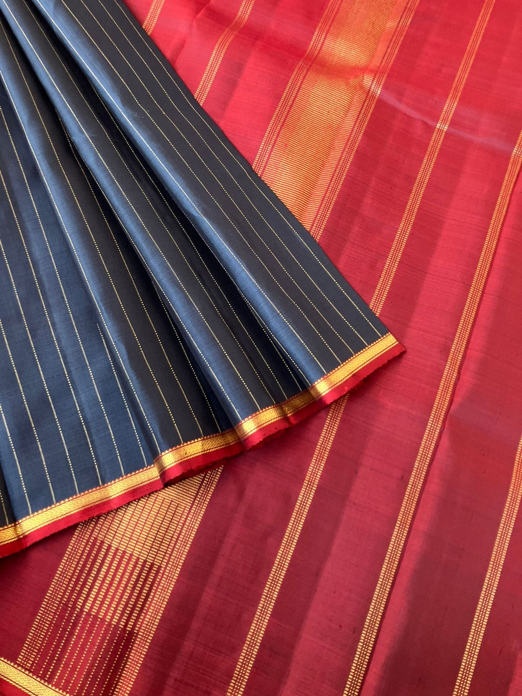 Leela - Darker effects on Kanchivaram - deep dark grey and maroon with oosi stripes