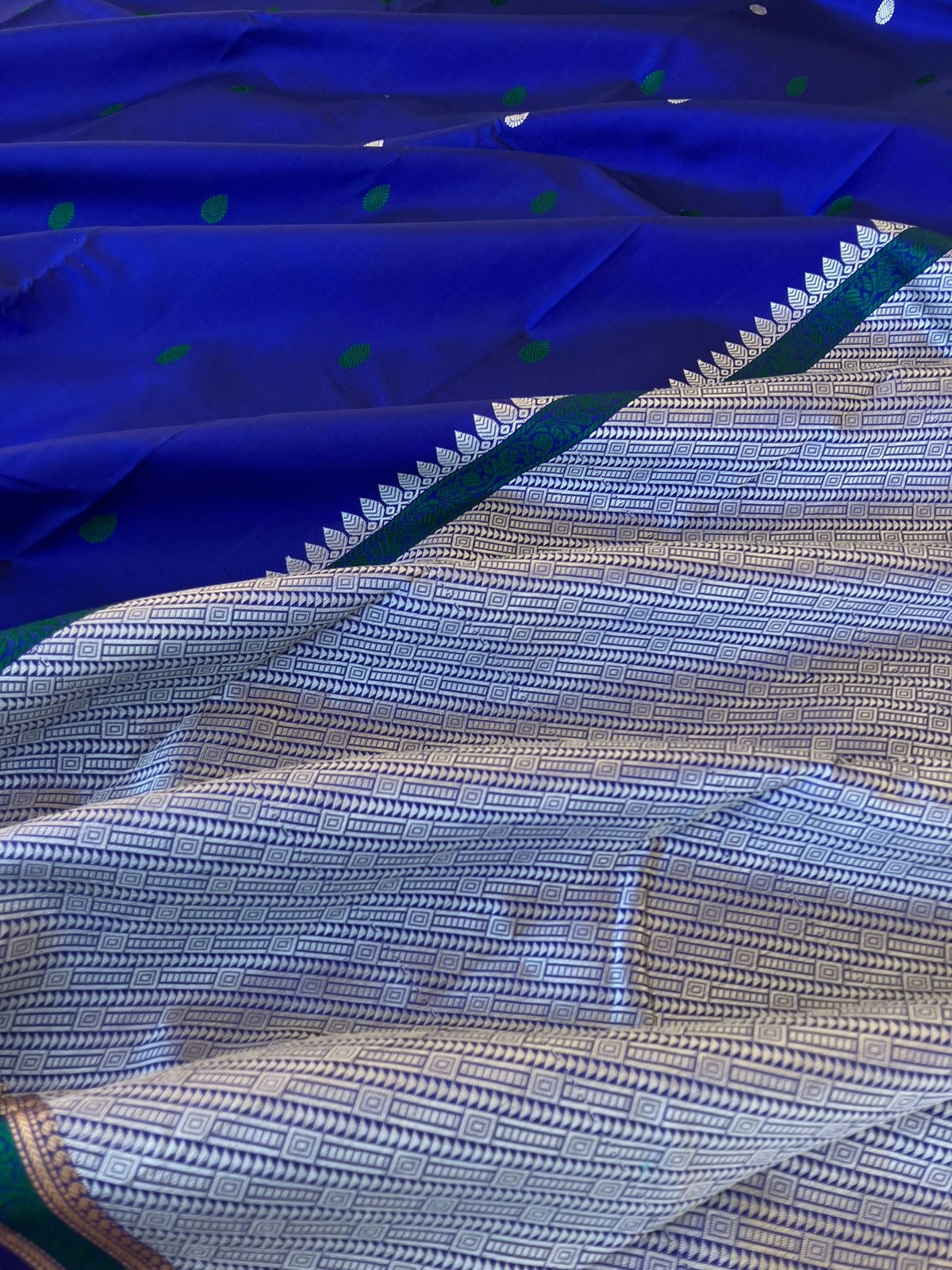 Woven from Memories - Beautiful No Zari Kanchivarams - ink blue and buttas