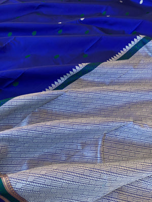 Woven from Memories - Beautiful No Zari Kanchivarams - ink blue and buttas