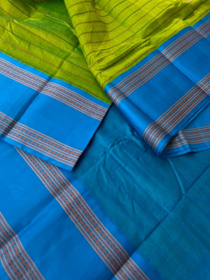 Divyam - Korvai Silk Cotton with Pure Silk Woven Borders - apple green and blue veldhari