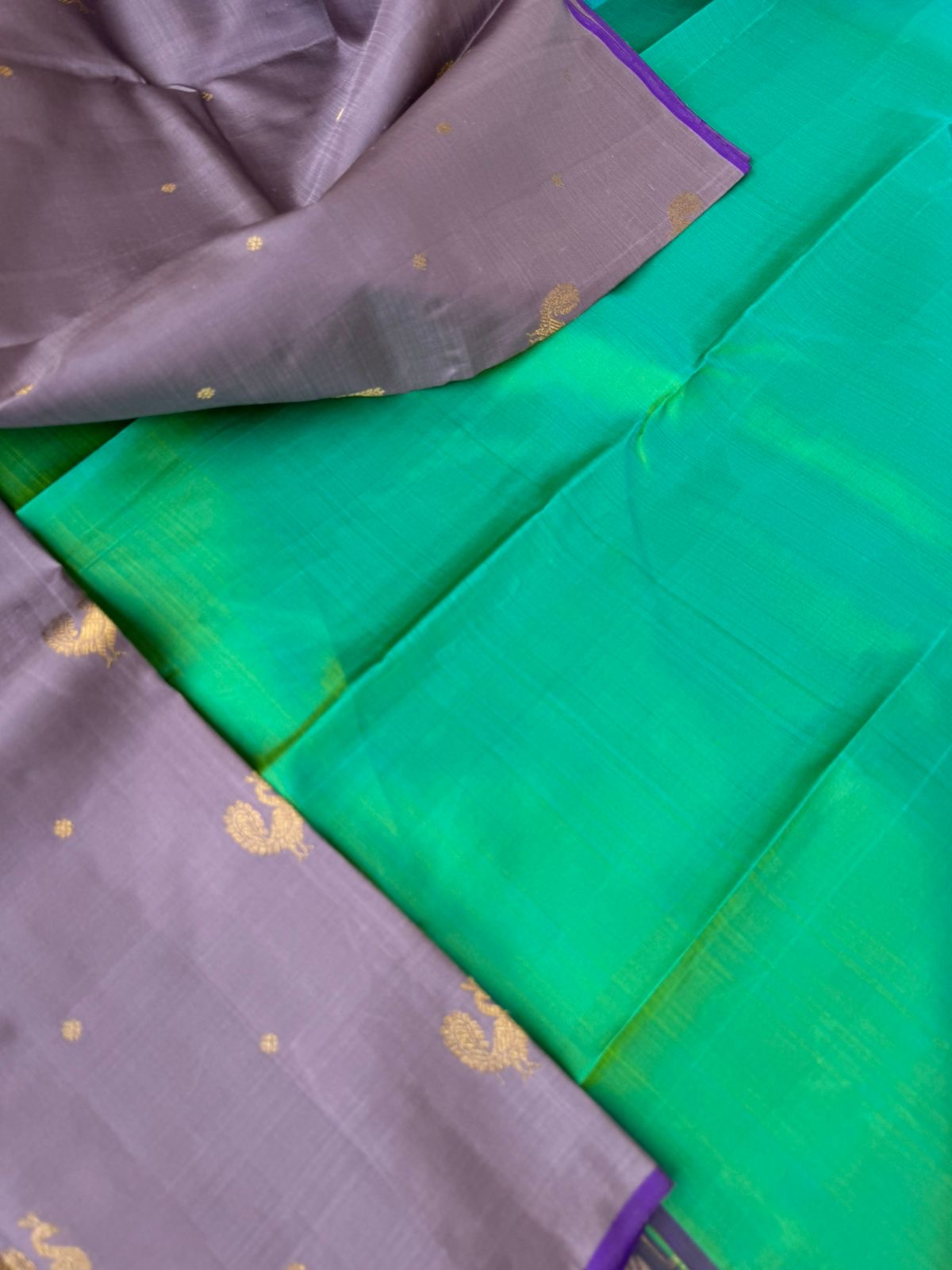 Mohaa - Beautiful Pastel Borderless Kanchivarams - unusual grey and jewel tone aqua blue green pallu and blouse