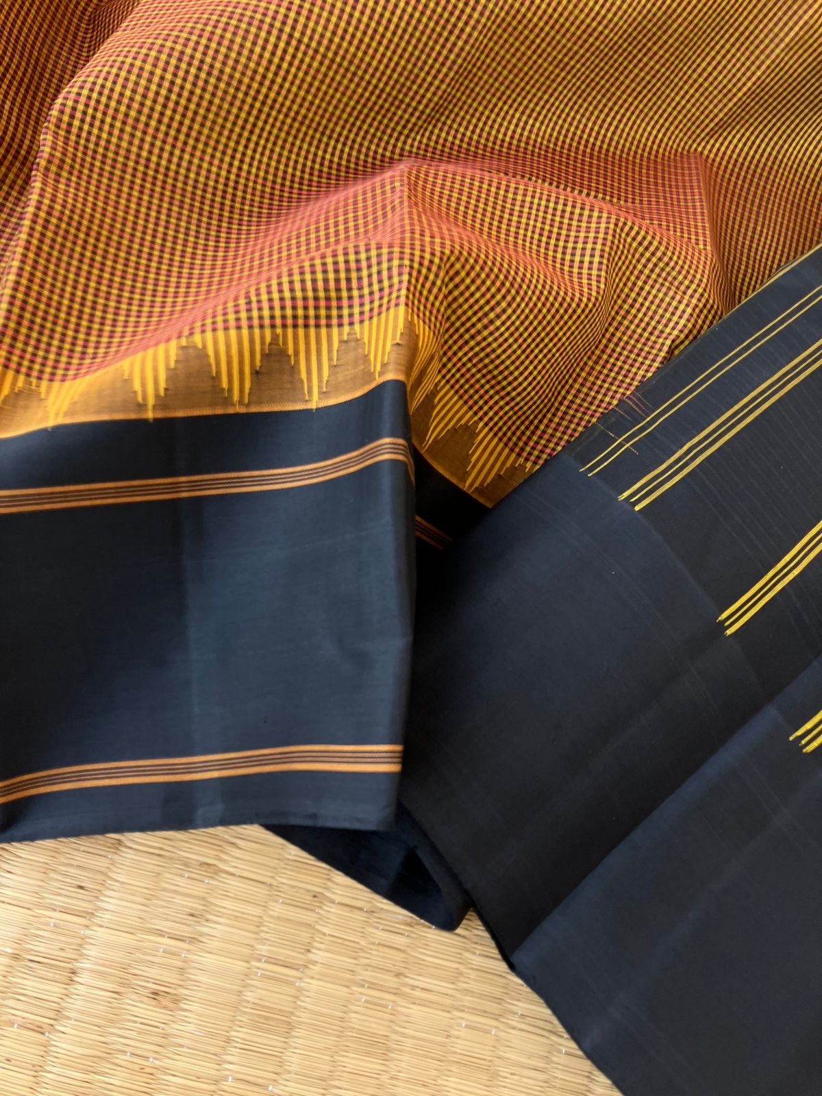 Signature Korvai Silk Cottons - honey mustard and rust kasa kasa kattam