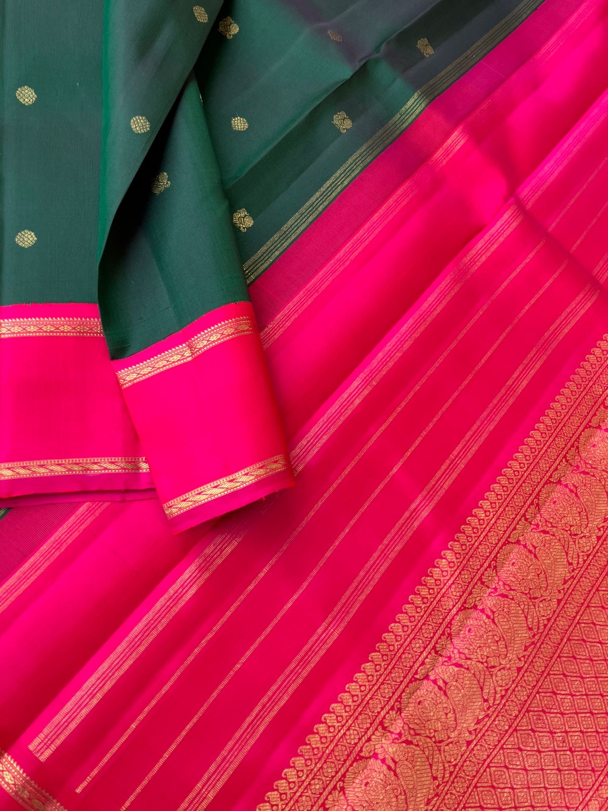 Meenakshi Kalayanam - Authentic Heirloom Korvai Kanchivarams - traditional deepest dark Meenakshi green and indian pink