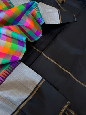 Bliss of Korvai Kanchivaram - the best of rainbow splash chex body with grey and black double borders