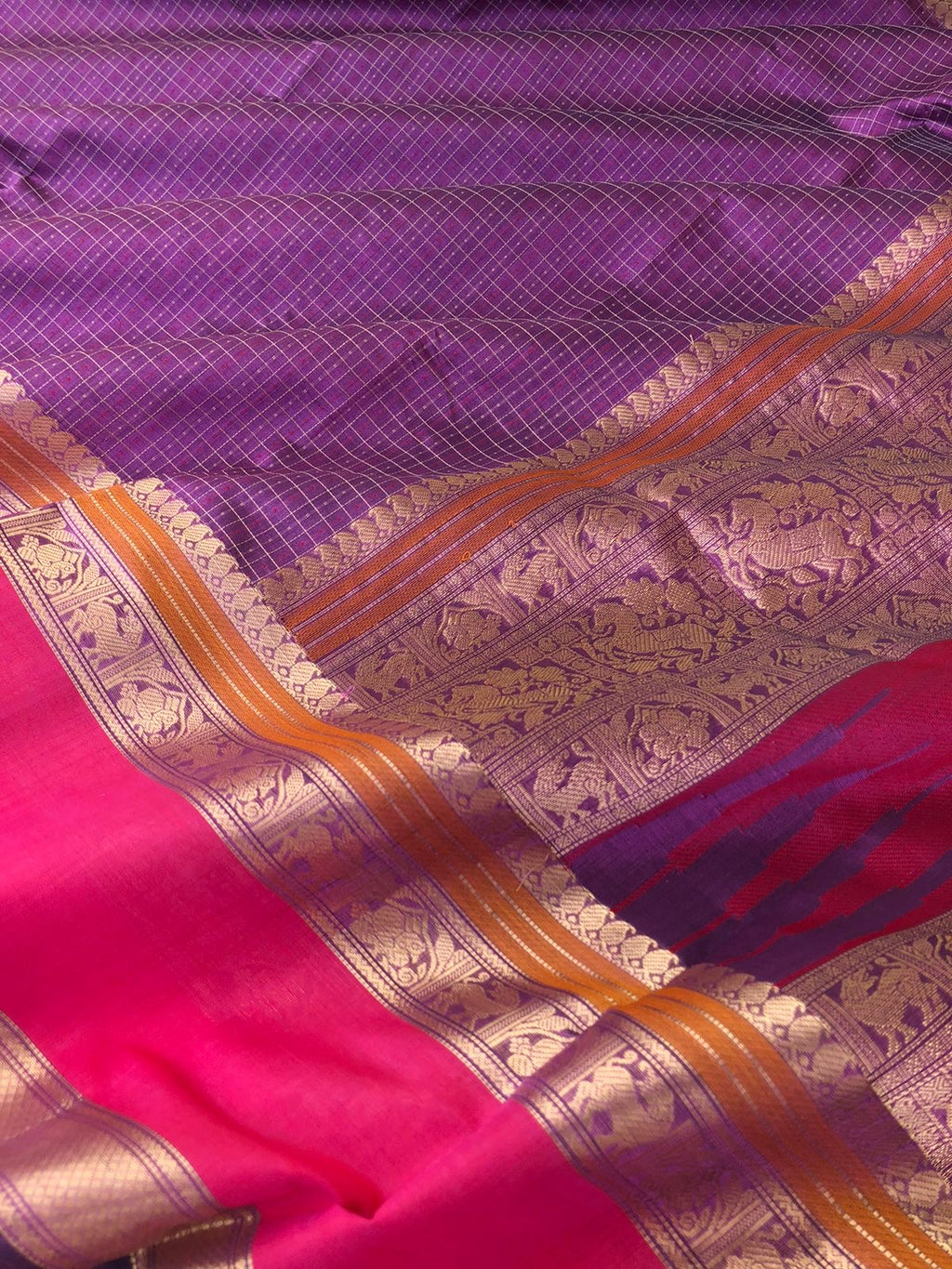 Woven Motifs Silk Cotton - grandest purple and pink intricate Lakshadeepam