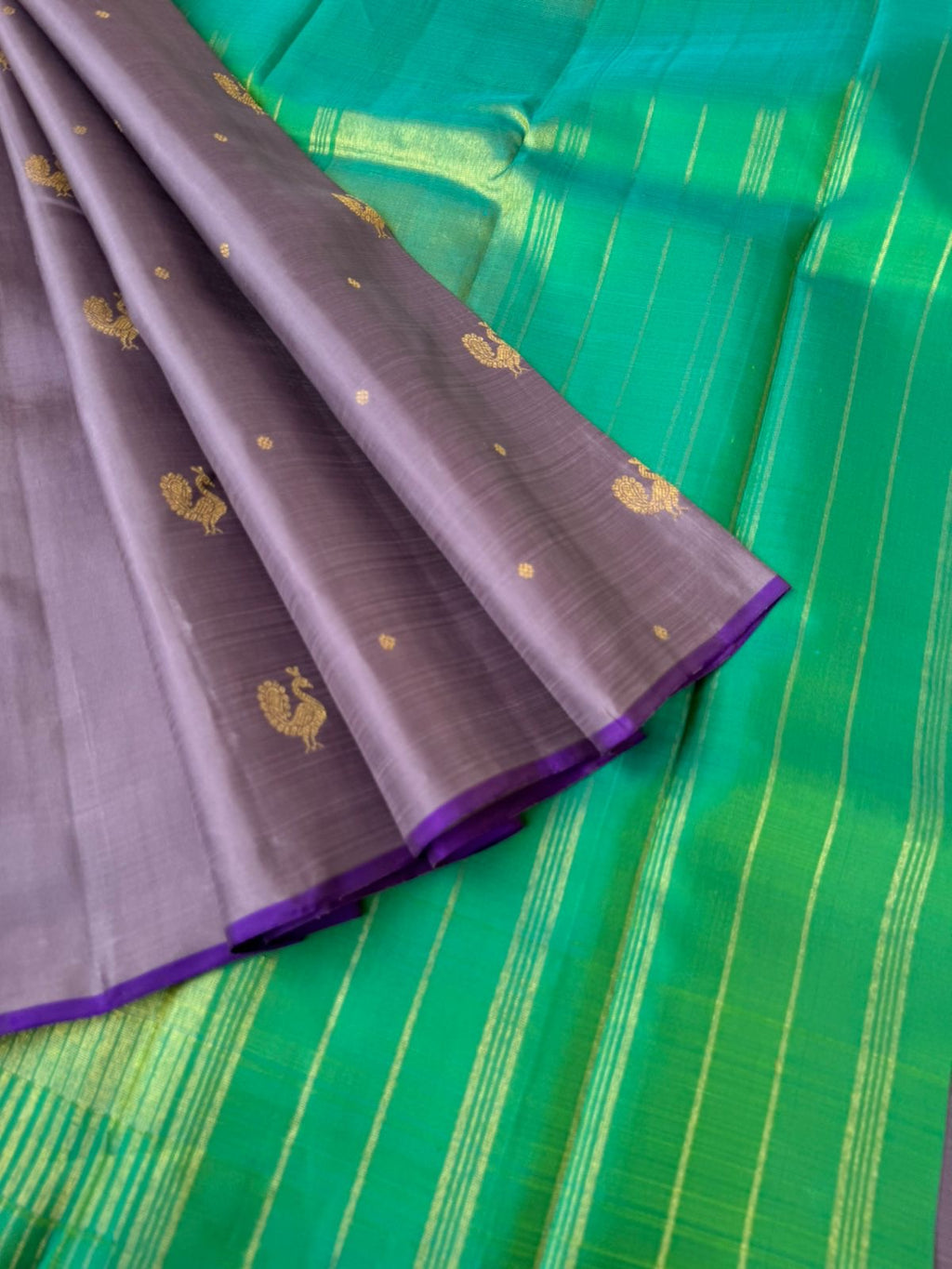 Mohaa - Beautiful Pastel Borderless Kanchivarams - unusual grey and jewel tone aqua blue green pallu and blouse