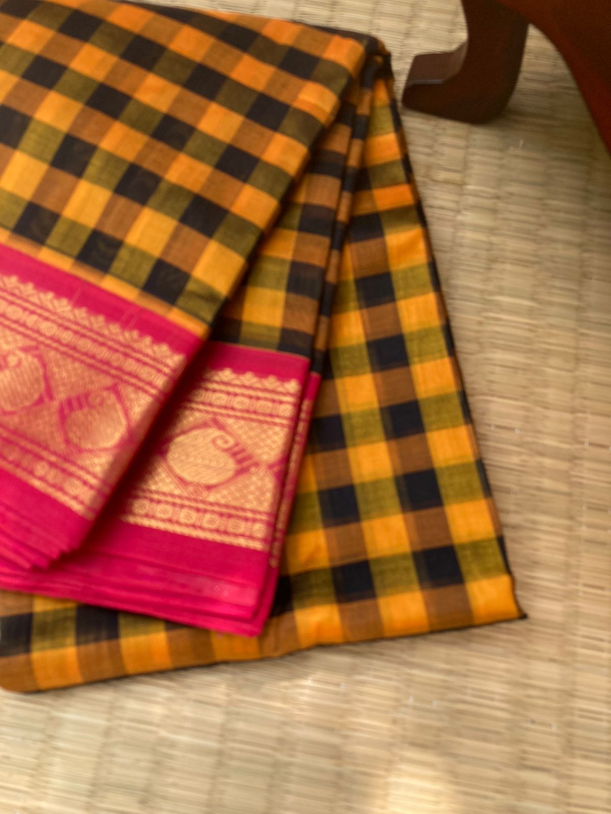 Paalum Palamum Kattams Korvai Silk Cottons - mustard and black chex with red