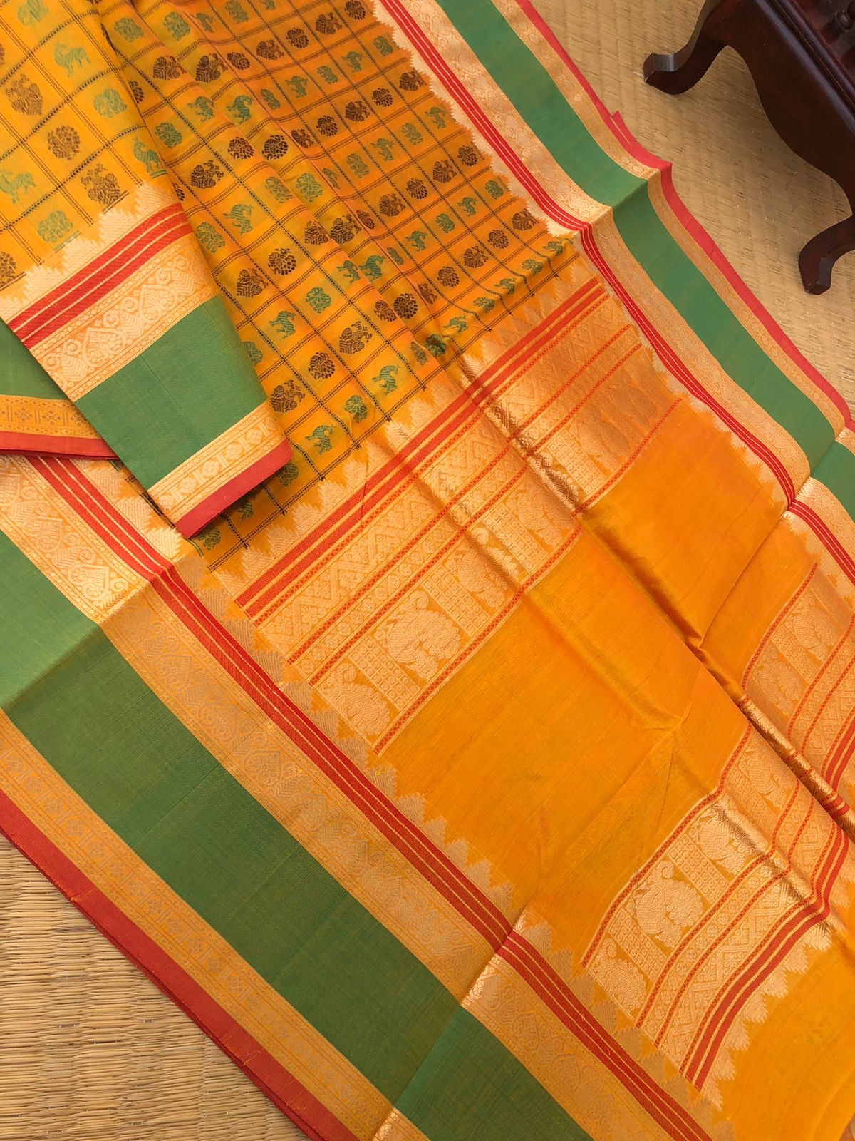 Woven Motifs Silk Cottons - stunning mango yellow 1000 buttas with kamadhenu woven pallu