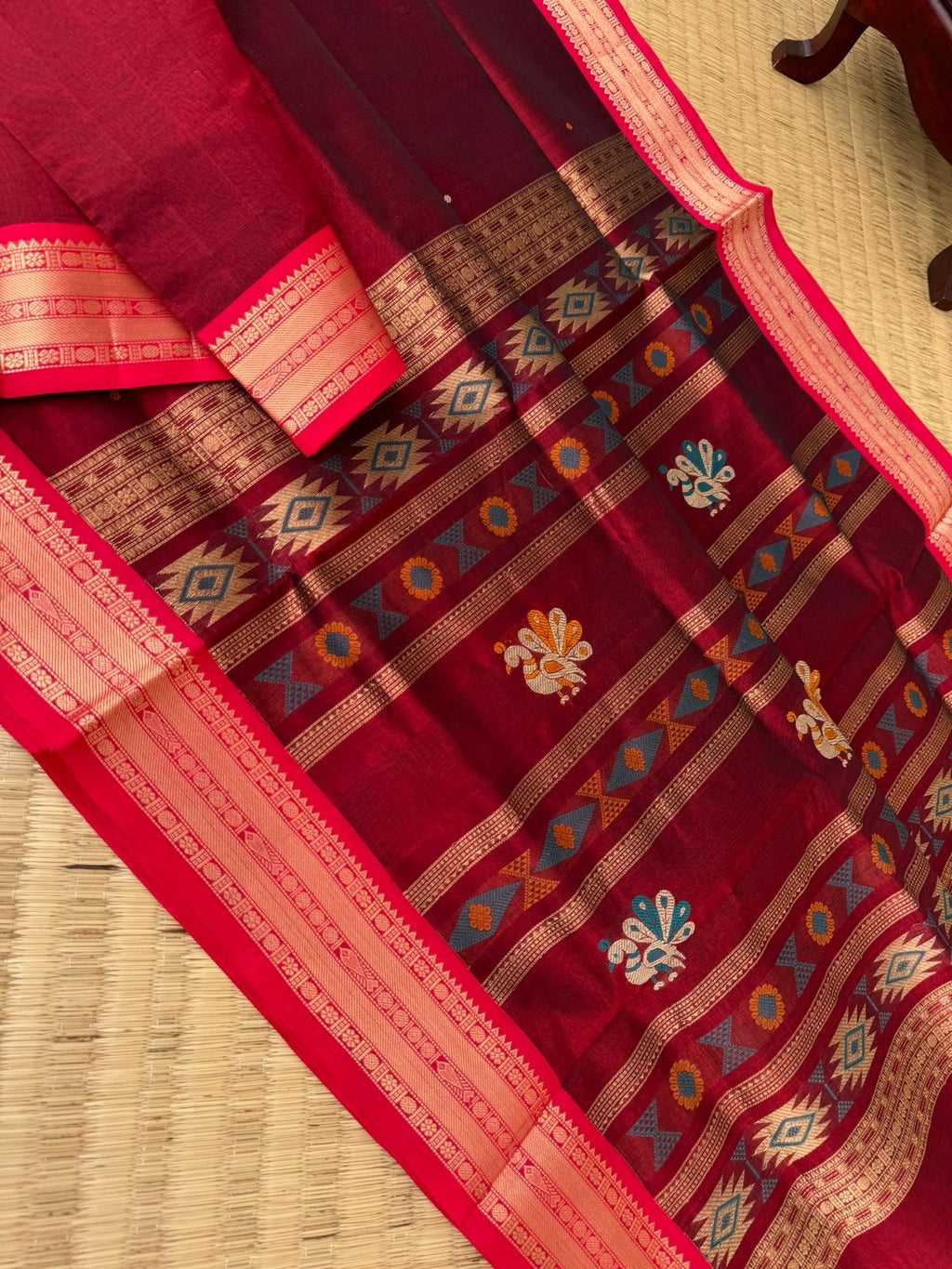 Zari Kissed Silk Cotton - reddish maroon with bomkai woven pallu