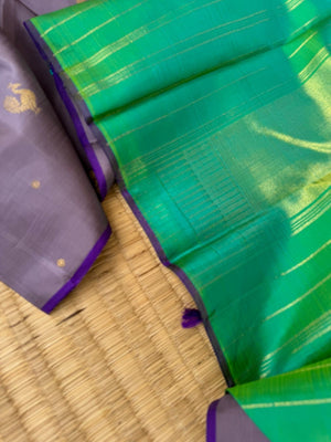 Mohaa - Beautiful Pastel Borderless Kanchivarams - unusual grey and jewel tone aqua blue green pallu and blouse