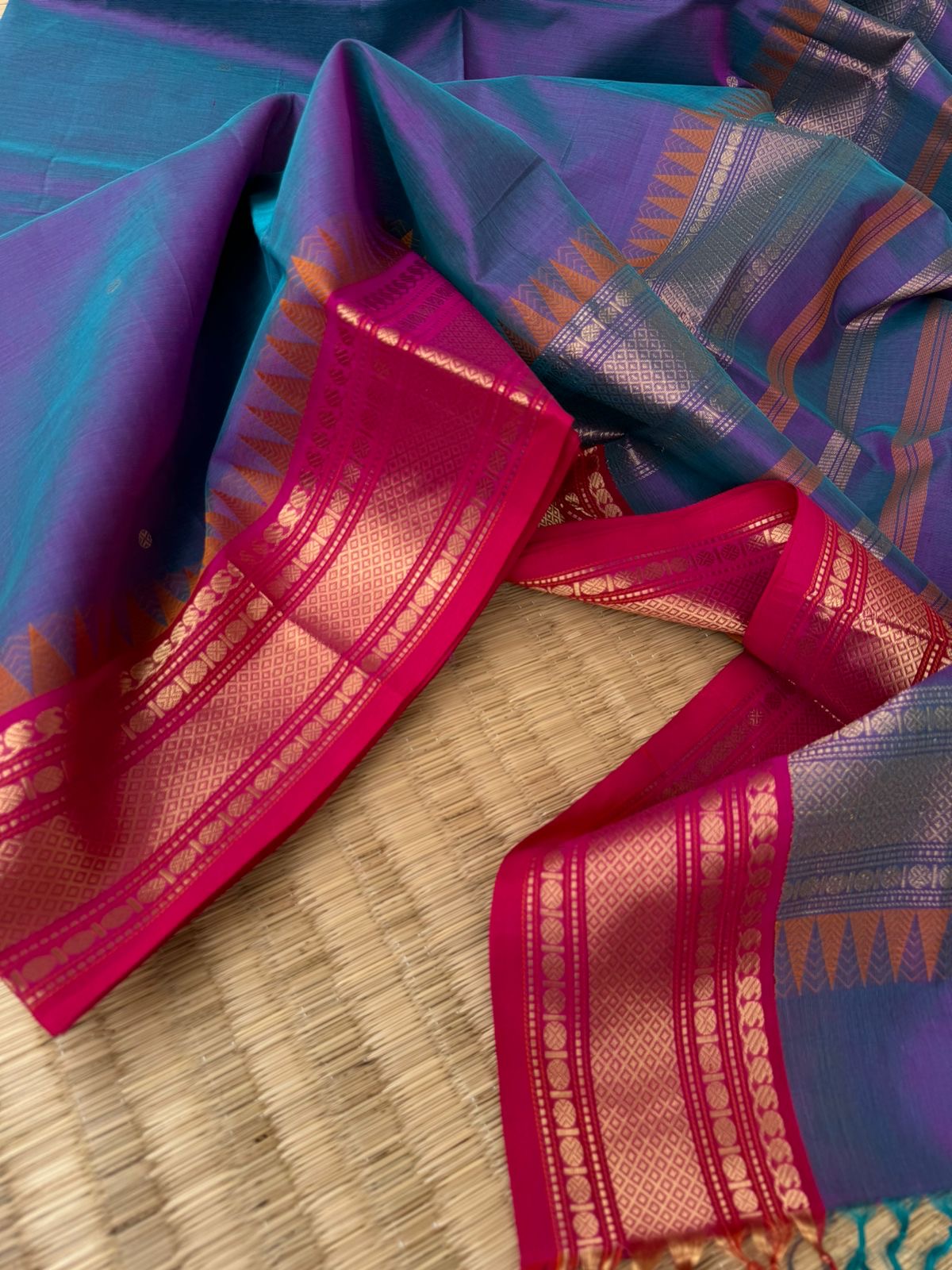 Zari Kissed Silk Cotton - blue short violet with mayil kann woven borders