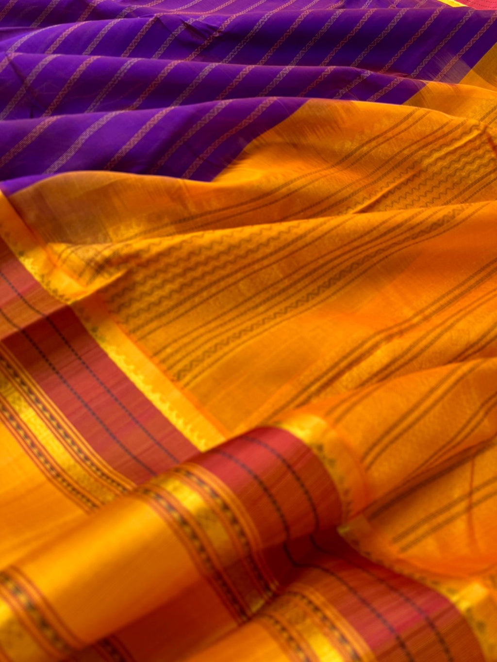 Divyam - Korvai Silk Cotton with Pure Silk Woven Borders - purple violet and mustard vertical veldhari