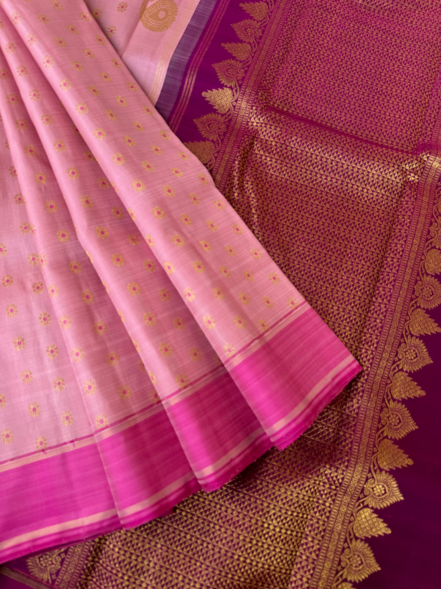 Meenakari - Our best selling one of a kind baby pink meenakari Kanchivaram with short woven pallu