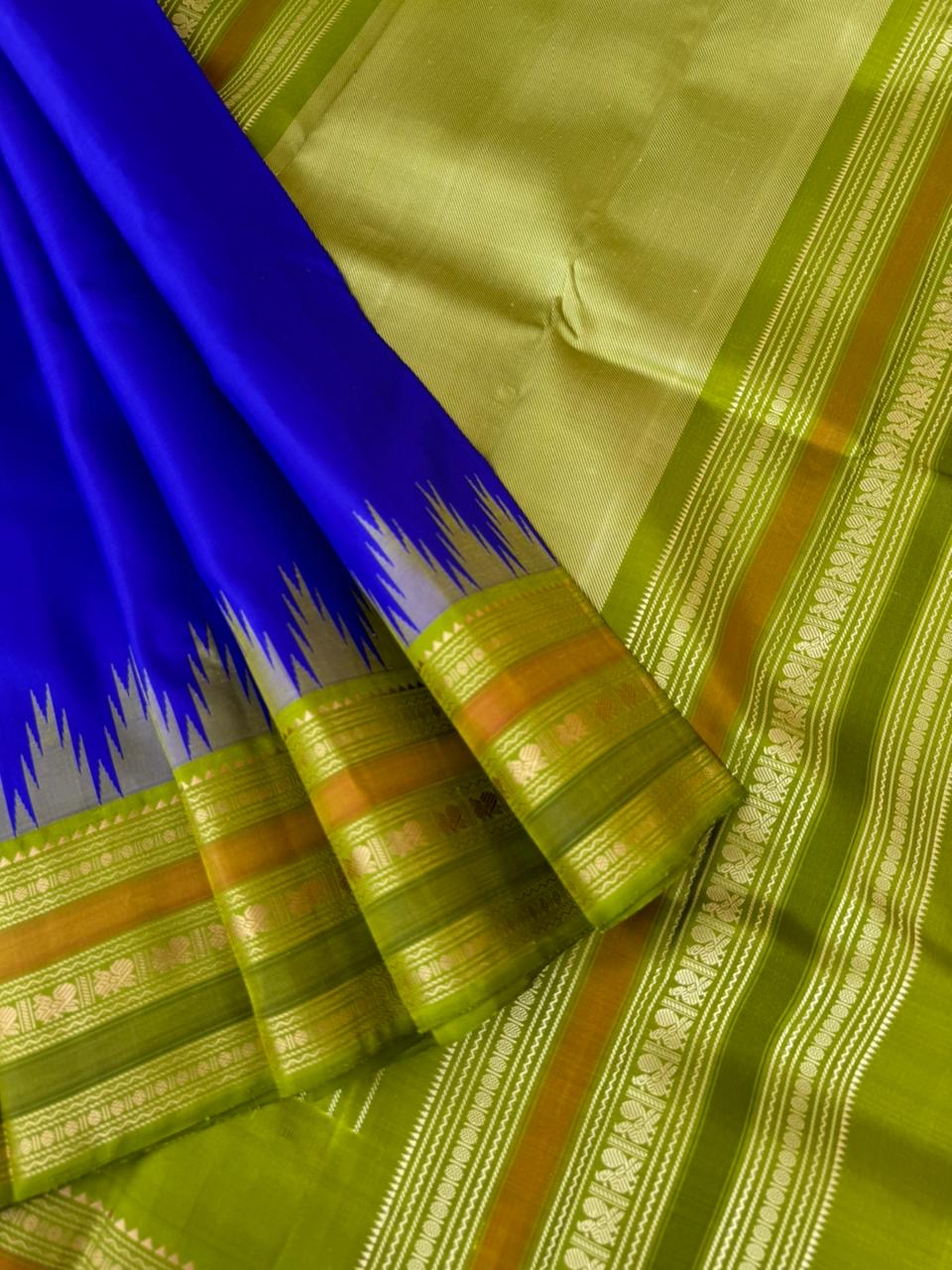 Silk Play on No Zari Kanchivaram - beautiful ms blue and olive green with Annapakshi woven borders