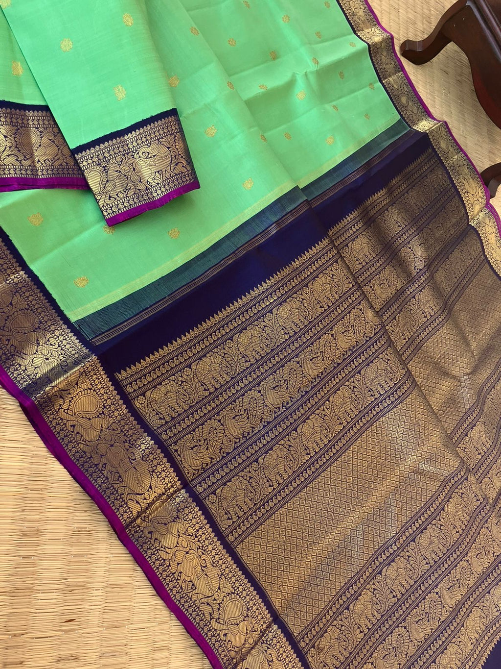 Meenakshi - Kanchivaram for Every Occasion - gorgeous aqua green and navy blue with yali and annapakshi borders