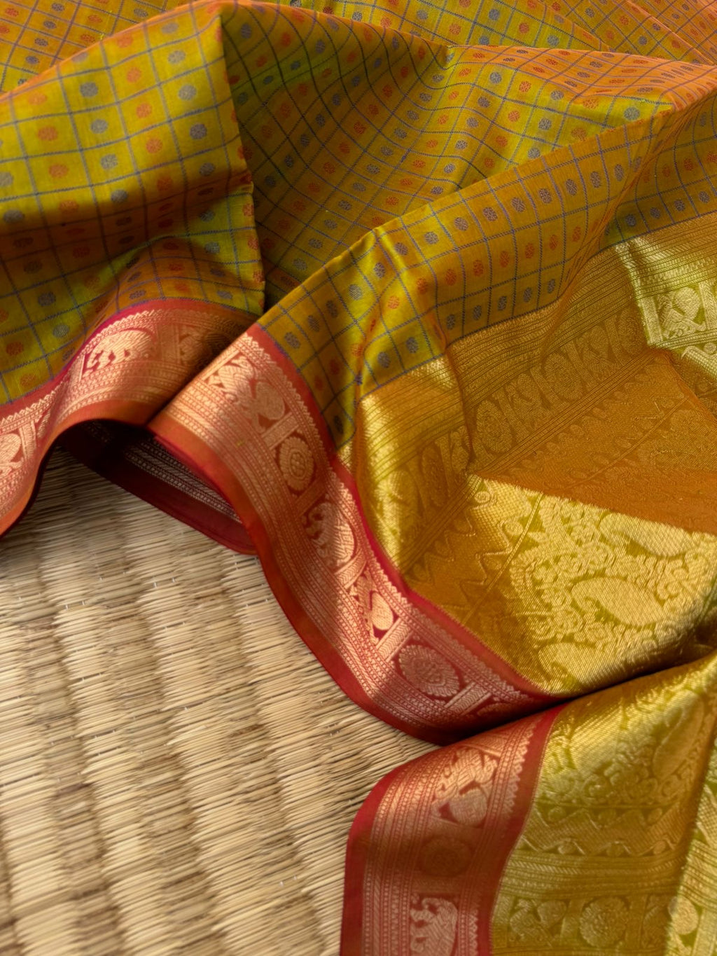 Woven Motifs Silk Cotton - mustard mixed green Lakshadeepam