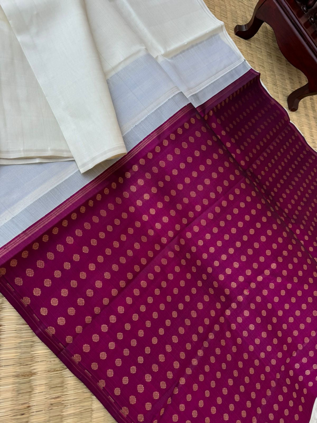 Contrast Play on Full Plain Kanchivarams - natural tone of silk body with deep vadamalli 1000 buttas body with ms blue 1000 buttas woven blouse