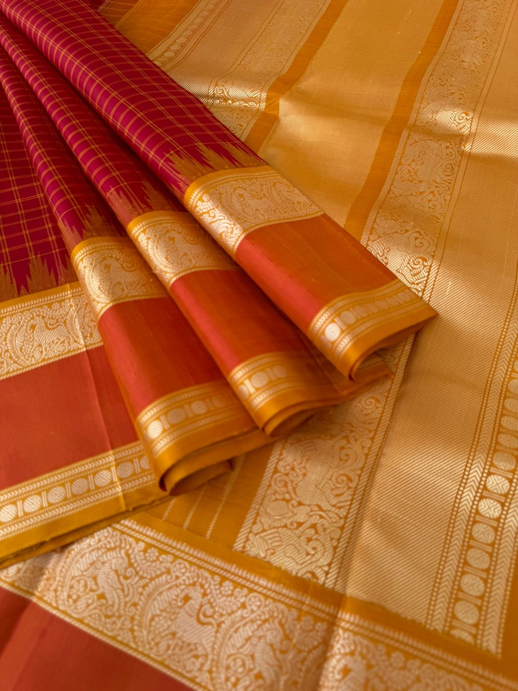Silk Play on No Zari Kanchivaram - traditional red and mustard kattam woven body with yali woven retta pett borders