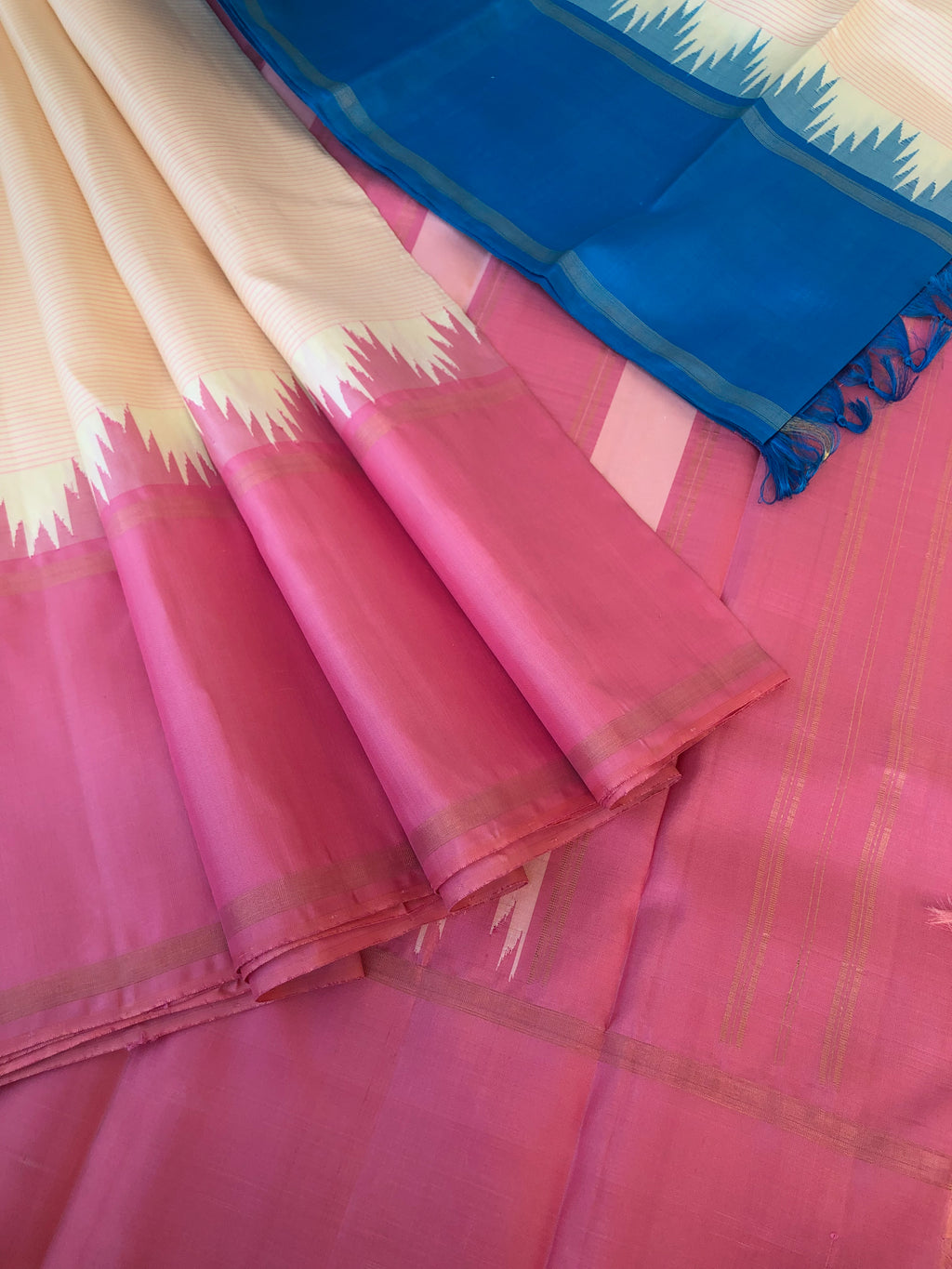 Diwaly Vibes on Korvai Kanchivaram - beautiful off white with rose pink and sulphate blue ganga jammuna woven borders