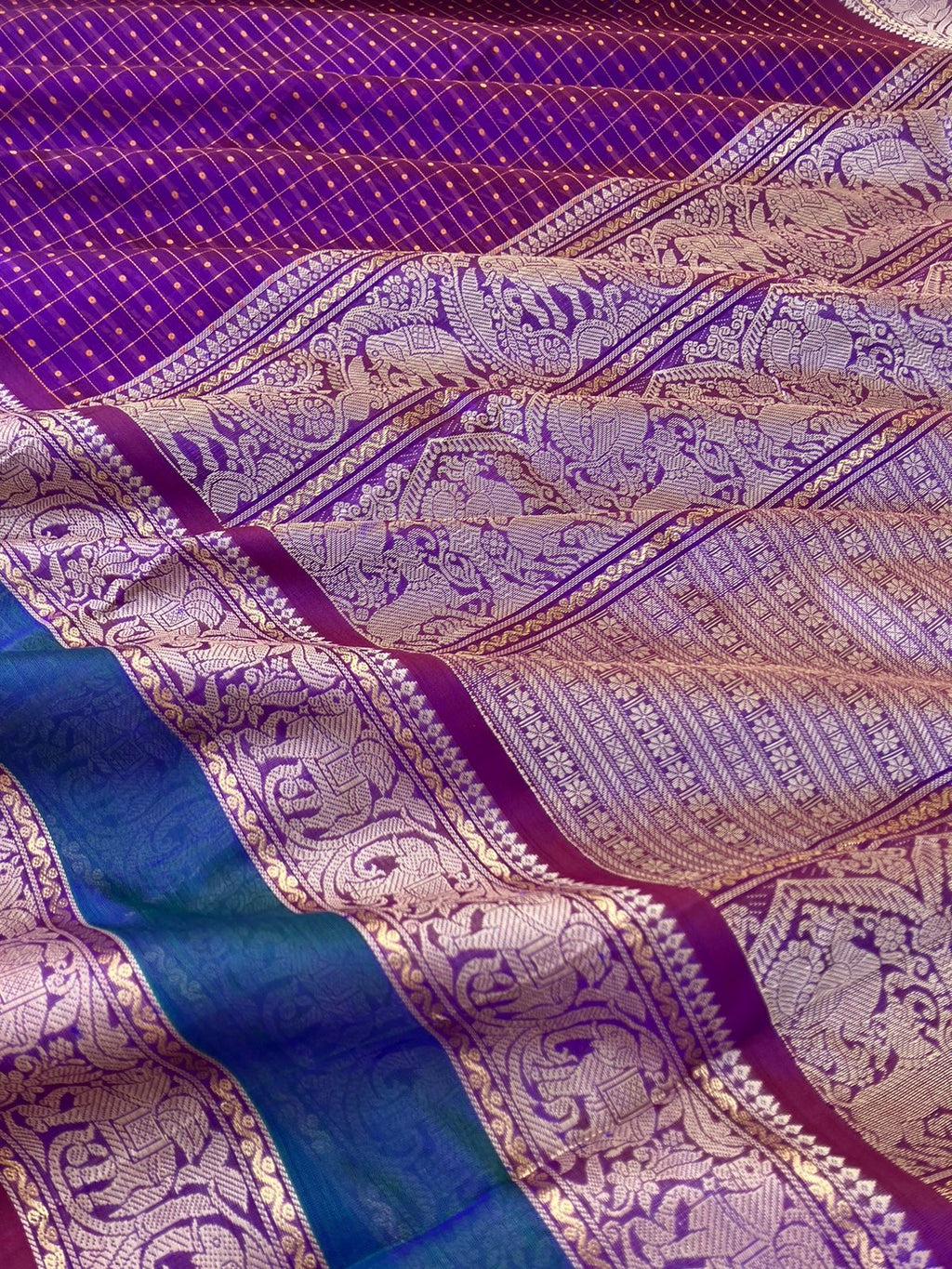 Traditional Colours Woven Motifs Silk Cotton - deep dark purple lakshadeepam with mustard woven buttas