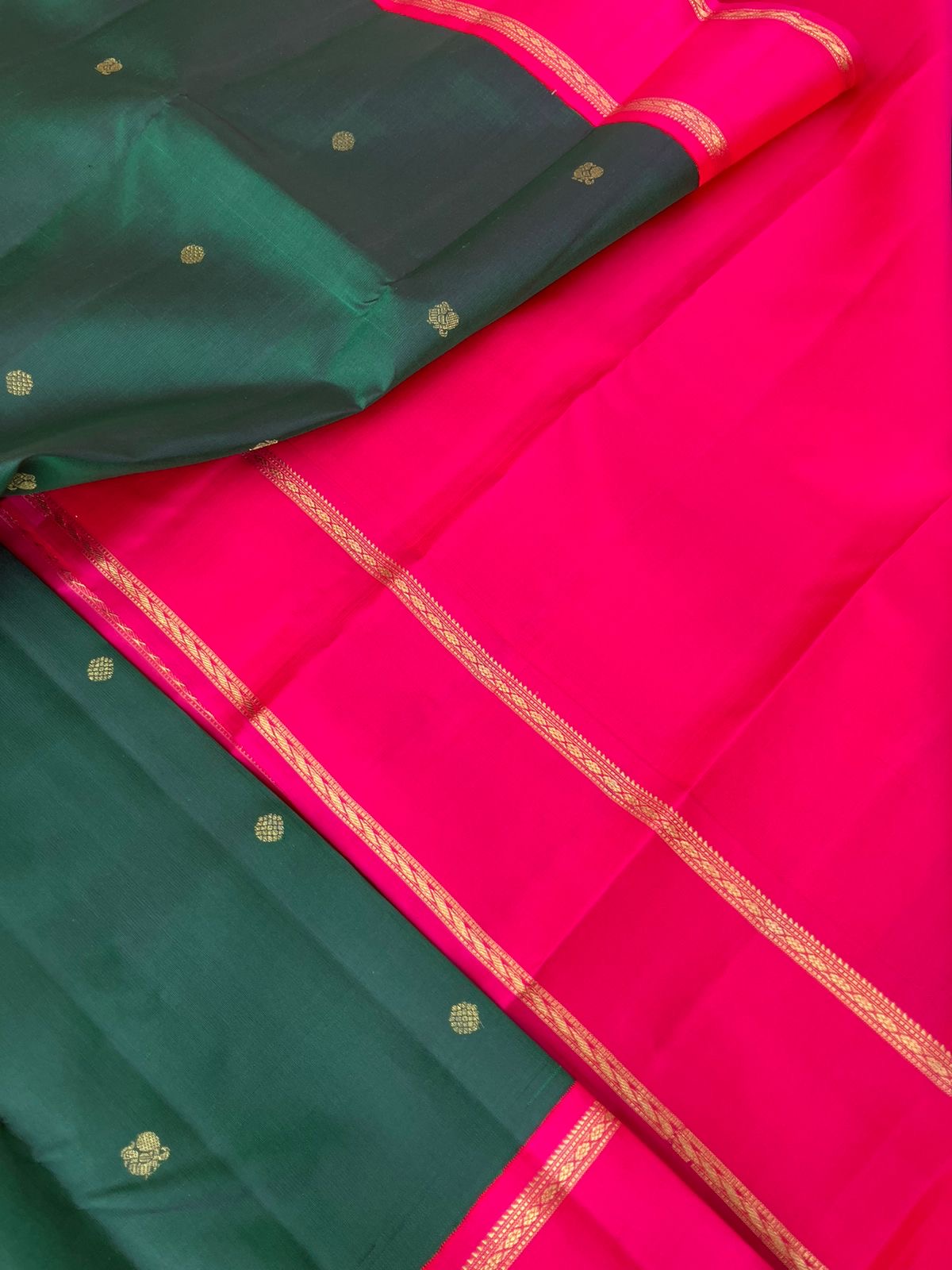 Meenakshi Kalayanam - Authentic Heirloom Korvai Kanchivarams - traditional deepest dark Meenakshi green and indian pink