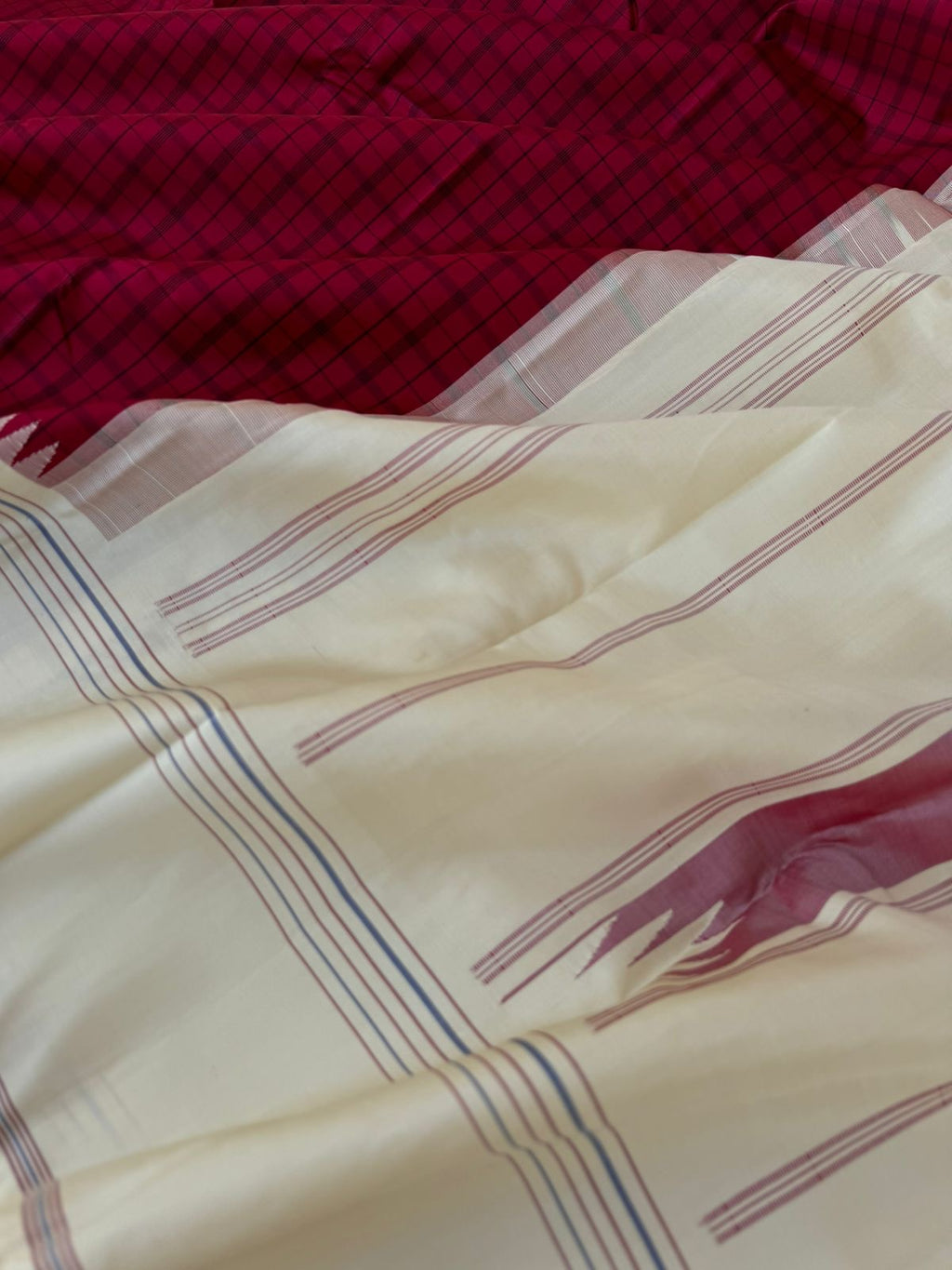 Bliss of Korvai Kanchivaram - dark kum kum red and off white