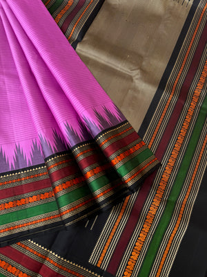 Sahasram - rose pink and black with gorgeous thread work woven borders and pallu