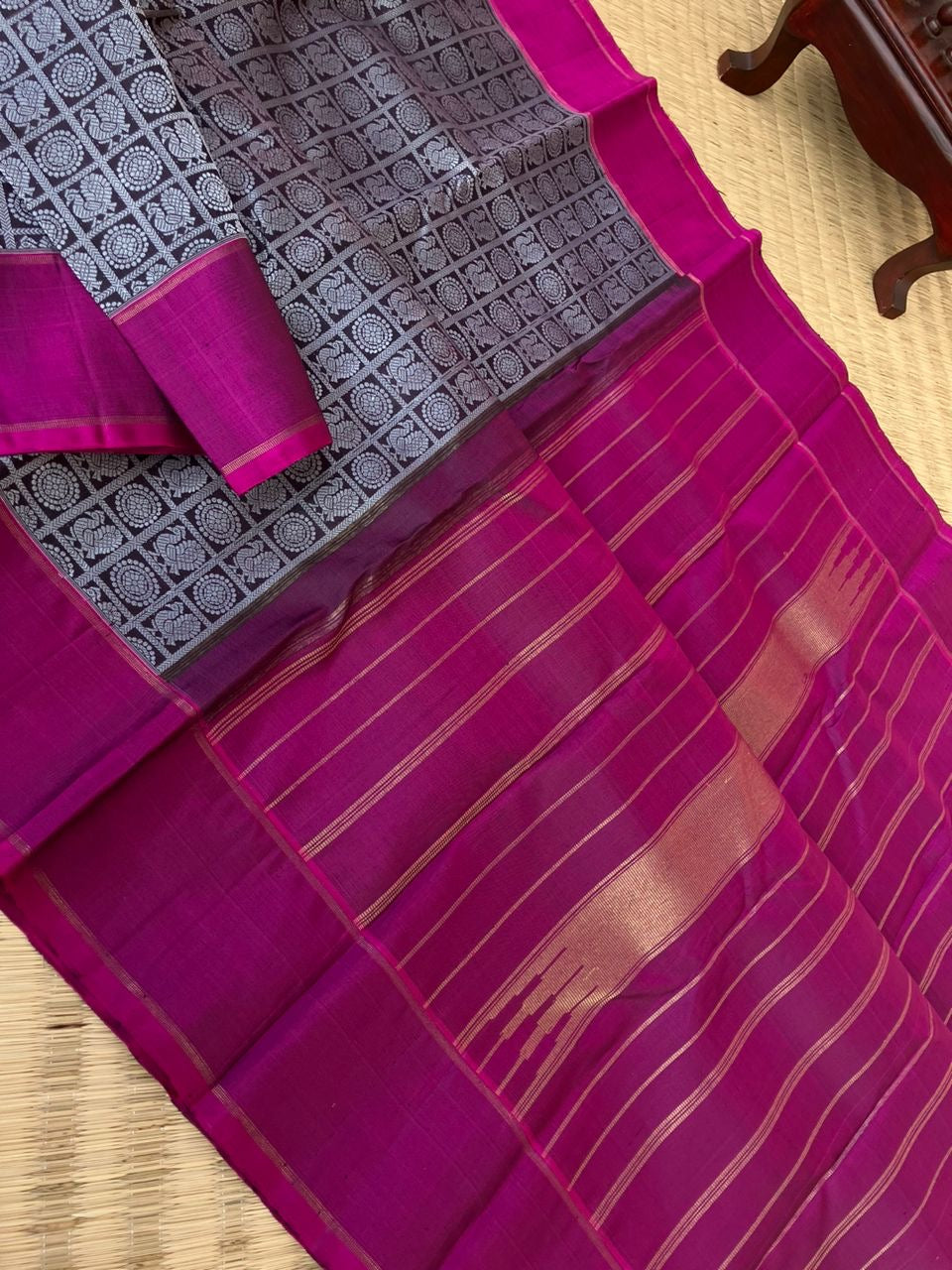 Haritham - Heirloom Yarn Play on Kanchivaram - black base and silver silk thread woven 1000 Mayil chackaram with magenta borders pallu and blouse