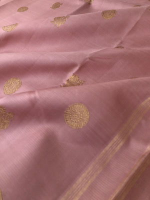 Aarabhi - Amazing Pastel Kanchivarams - stunning dusky rose gold Vairaoosi with solid gold zari woven borders