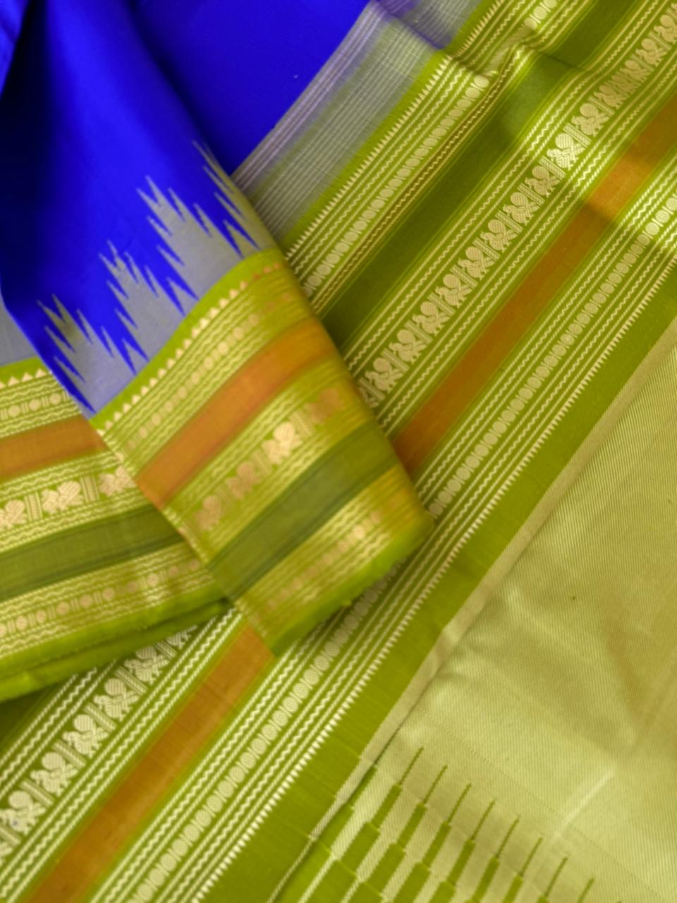 Silk Play on No Zari Kanchivaram - beautiful ms blue and olive green with Annapakshi woven borders