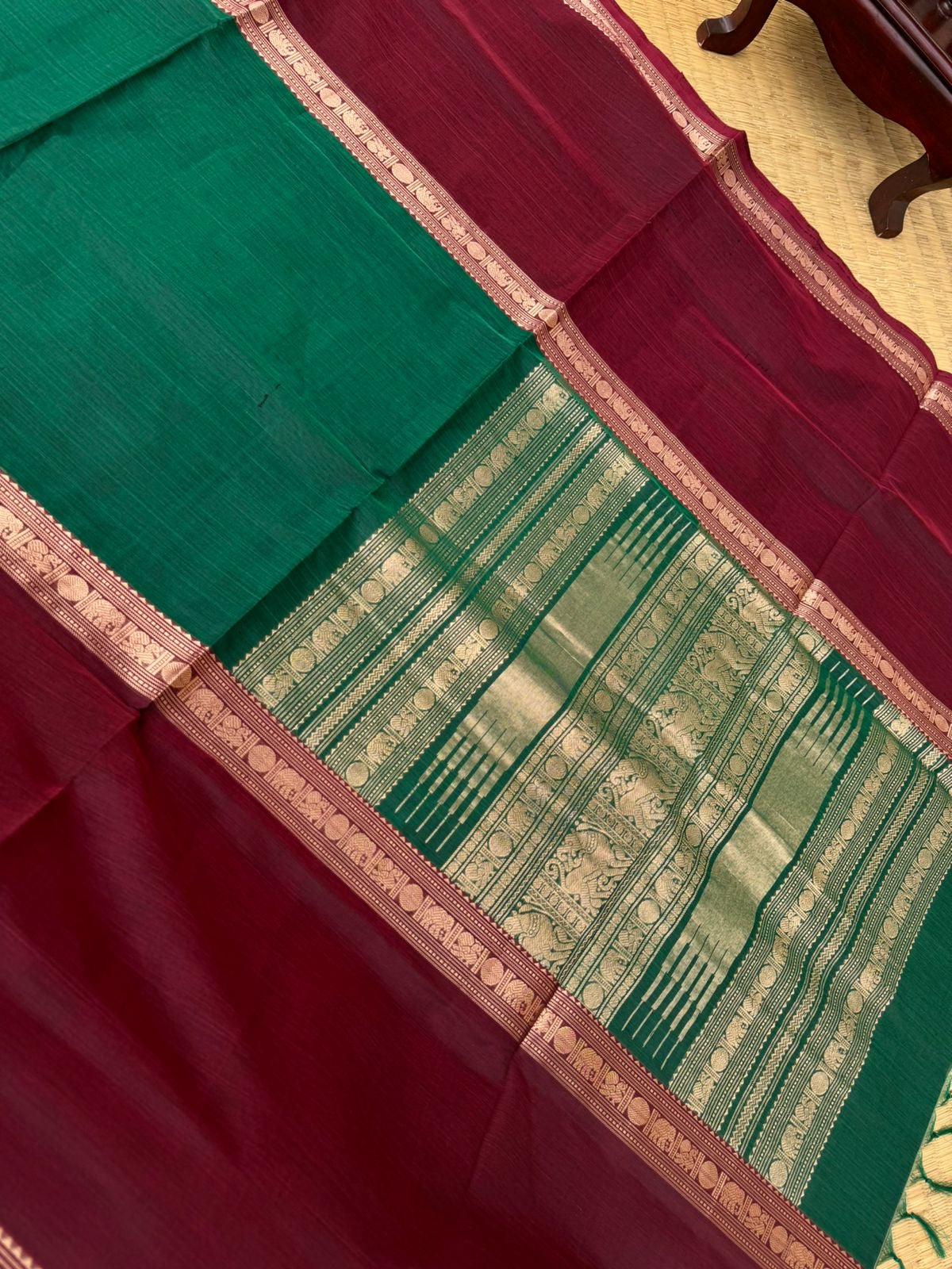 Zari Kissed Silk Cotton - gorgeous green and maroon with mubbagam