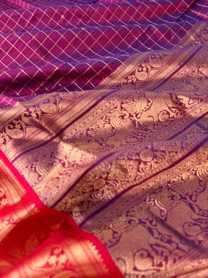 Zari Kissed Silk Cotton - red short violet purple with muthukattam body and paisley woven borders