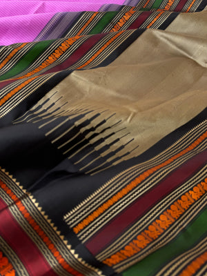 Sahasram - rose pink and black with gorgeous thread work woven borders and pallu