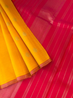 Mohaa - Beautiful Borderless Kanchivarams - gorgeous yellow and pink with paisley woven buttas