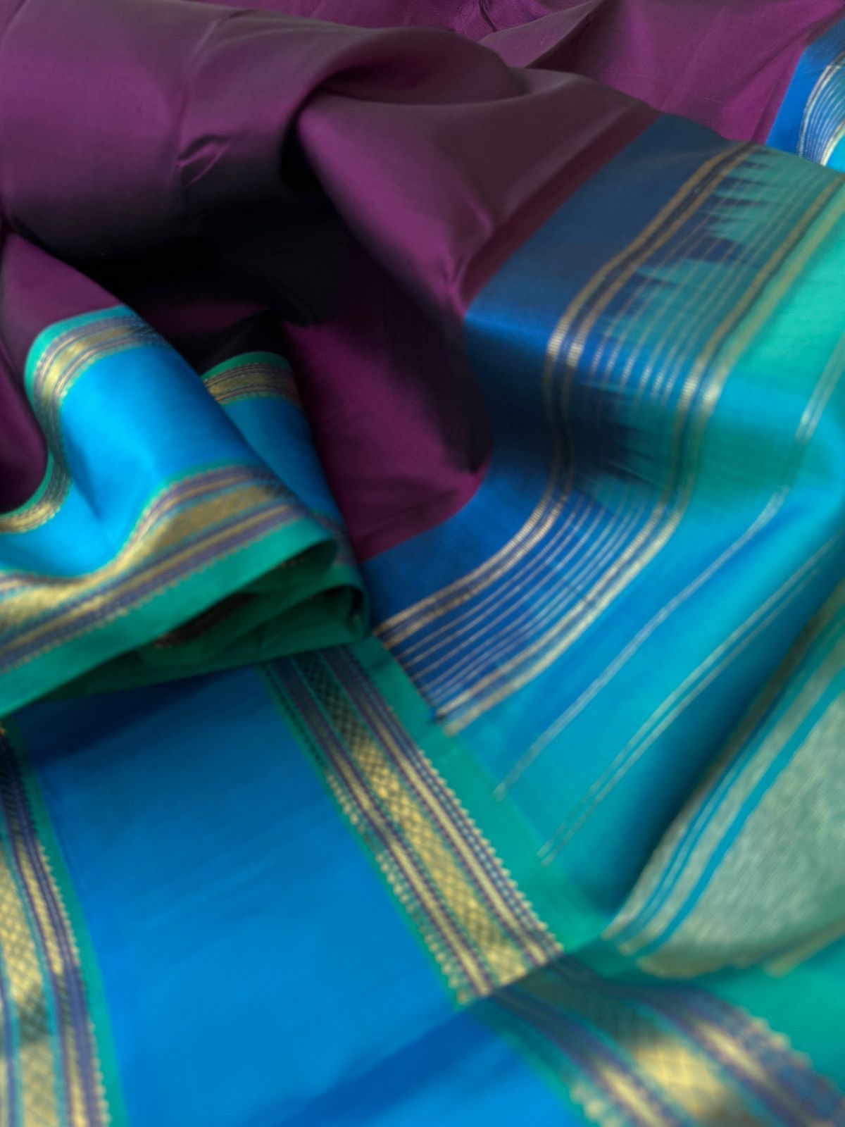 Connection Made By Korvai - deep dark purple and sulphate blue border with aqua blue pallu and blouse