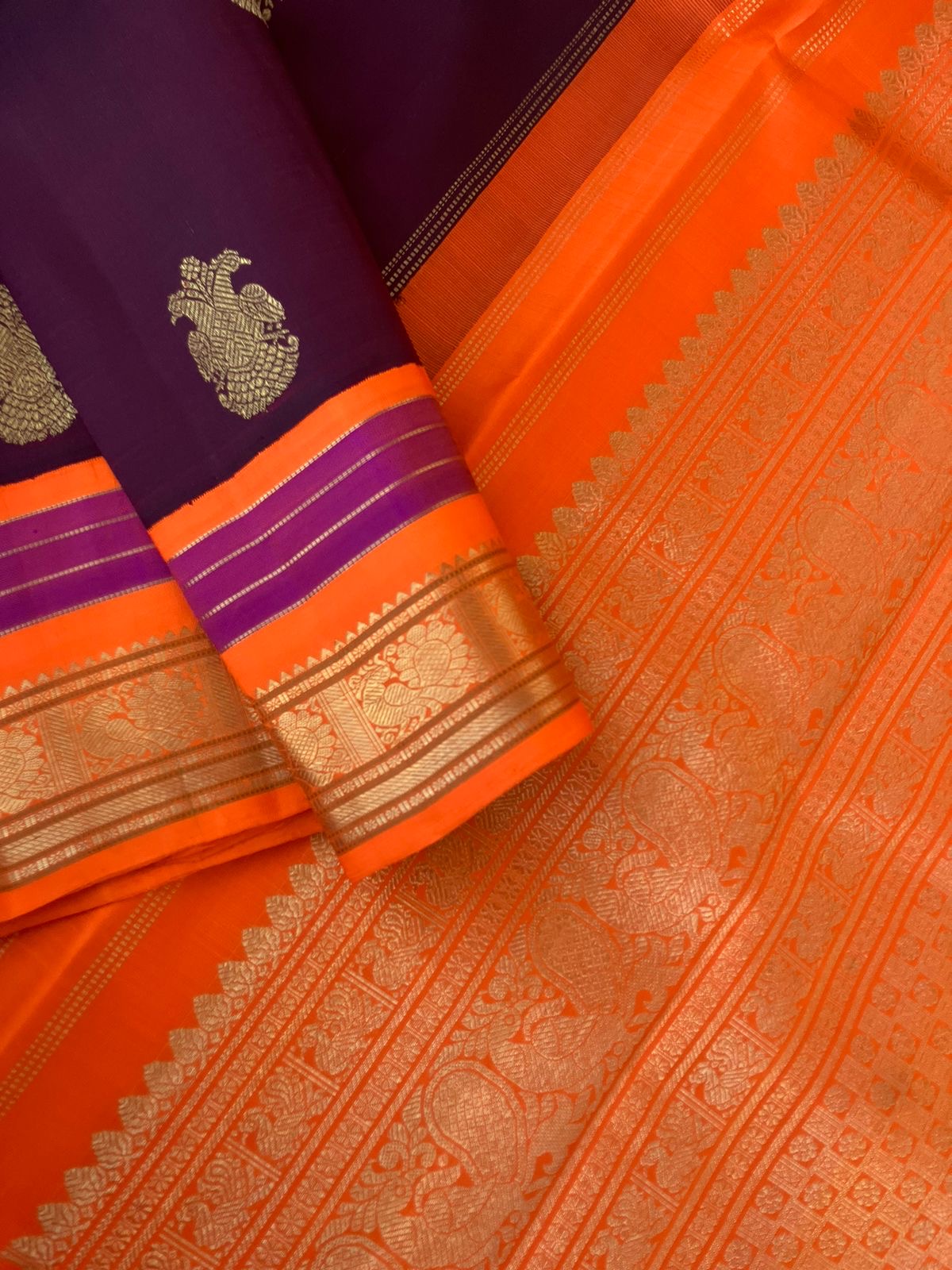 Meenakshi - Kanchivaram for Every Occasion - the most beautiful combination of betel-nut maroon and orange koravi Kanchi with irruthalaipakshi woven buttas