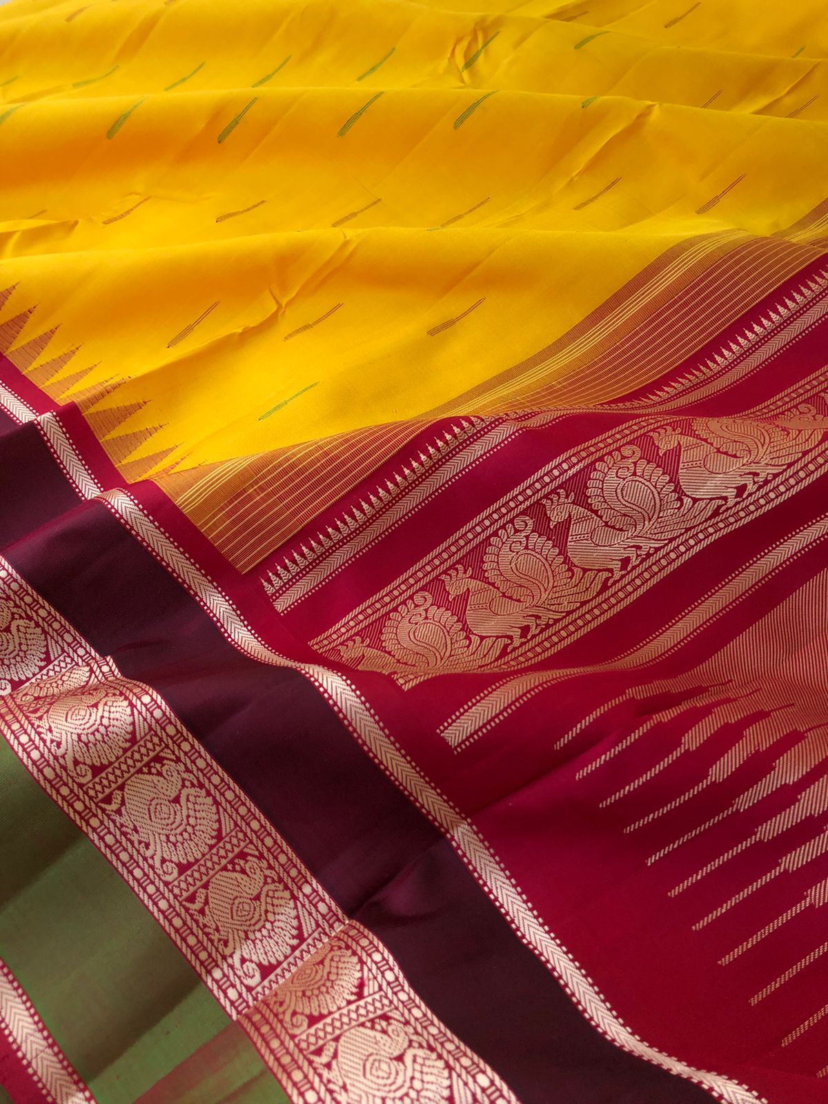 Silk Play on No Zari Kanchivaram - traditionally beautiful mango yellow and aaraku woven borders pallu and blouse