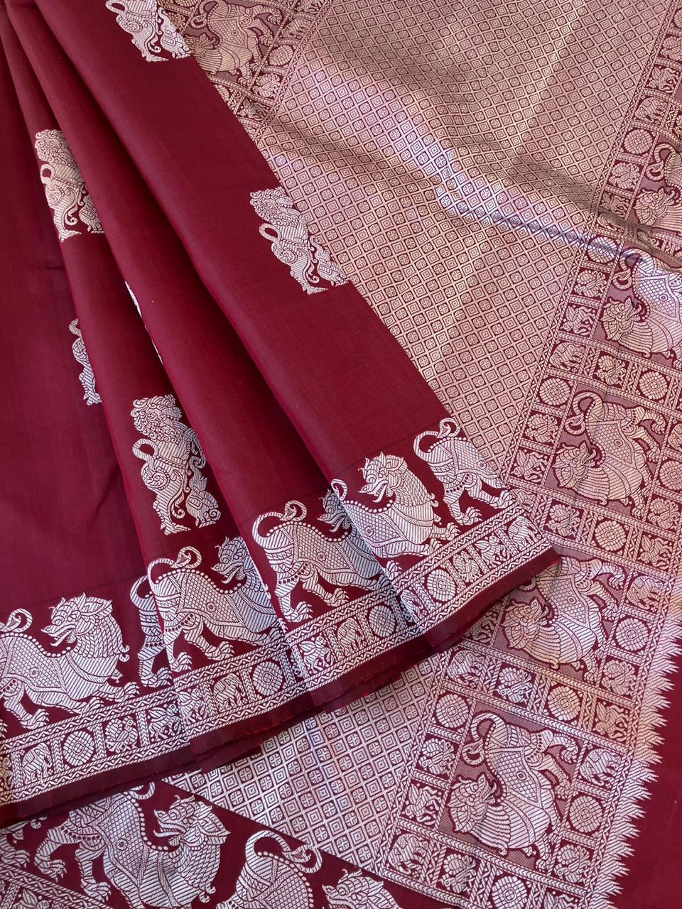 Woven from Memories - Beautiful No Zari Kanchivarams - gorgeous maroon yali woven buttas and borders