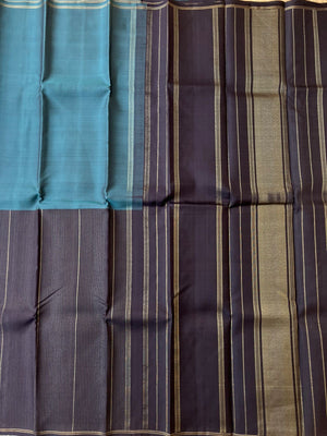 Maaya - Magical Kanchivarams - a rare find unusual half and half ( aaraibaagam ) two equal half Kanchivaram in burnt blue and kanchana black