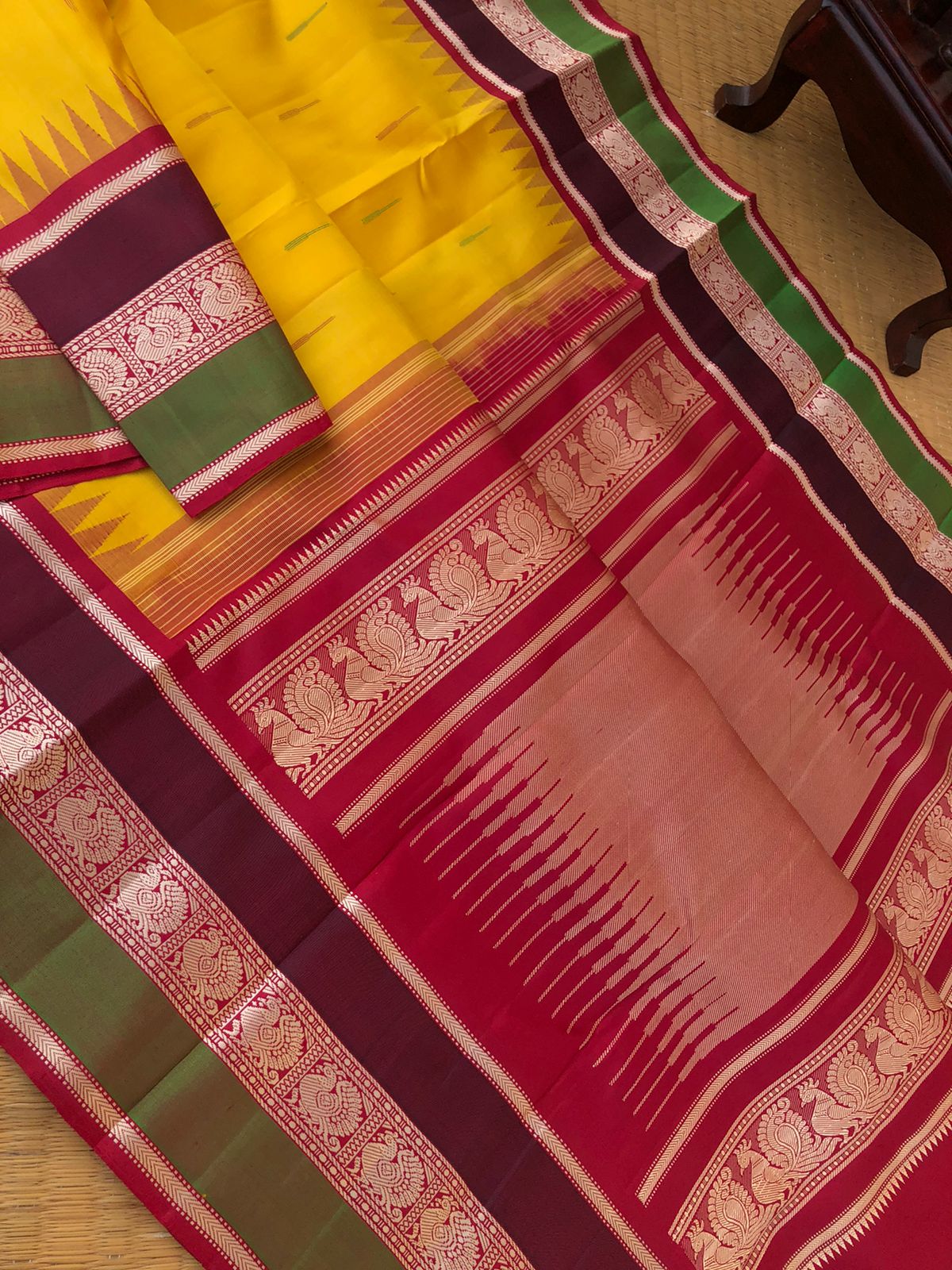 Silk Play on No Zari Kanchivaram - traditionally beautiful mango yellow and aaraku woven borders pallu and blouse