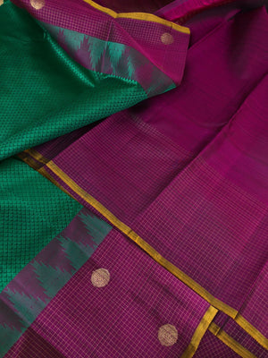 Meenakshi - Heirloom Kanchivaram - beautiful Meenakshi green and deep dark purple oosi Kattam and mayil chackaram woven borders