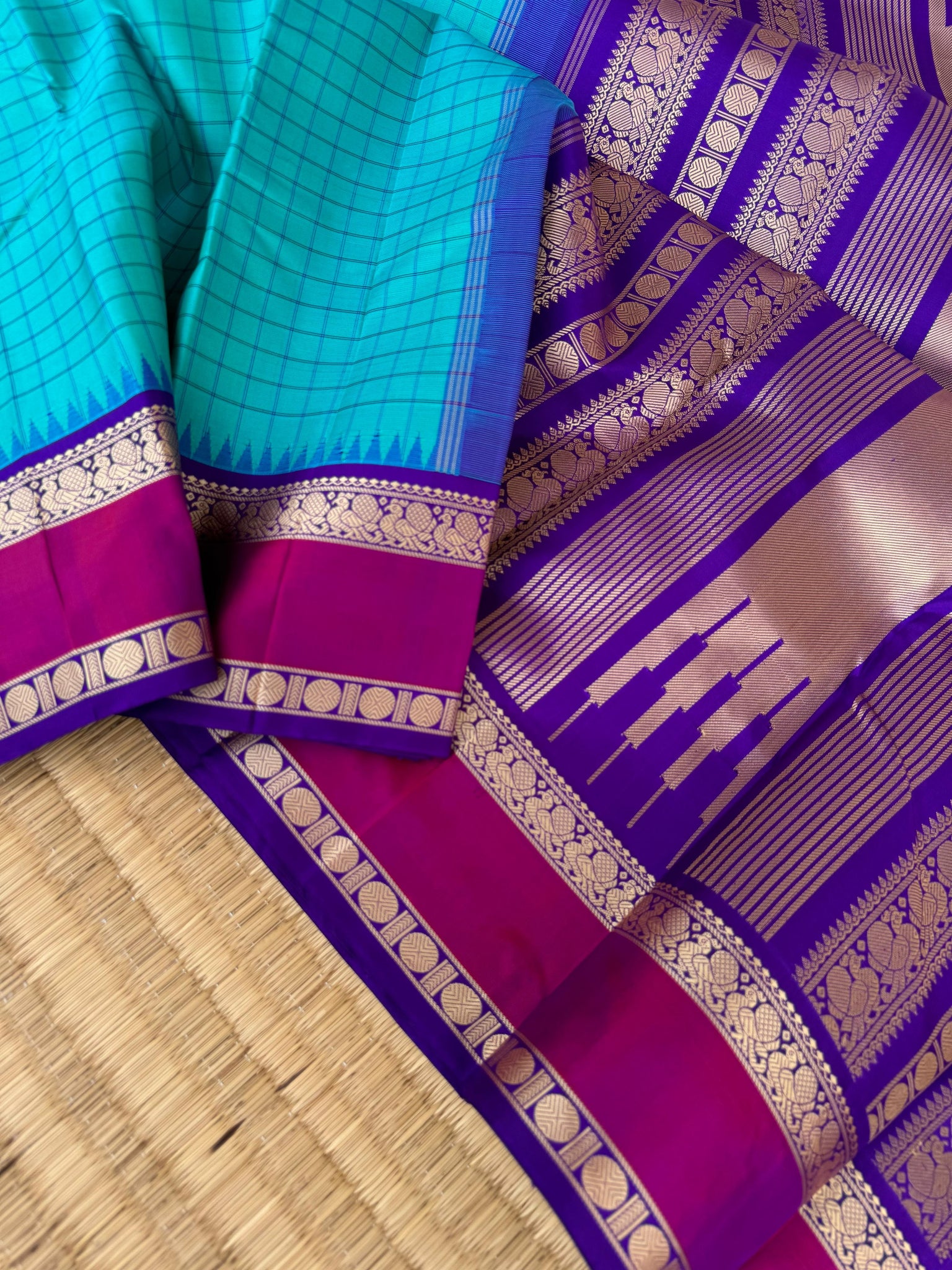 Sahasram - teal and violet with retta pett woven borders with kattam woven body