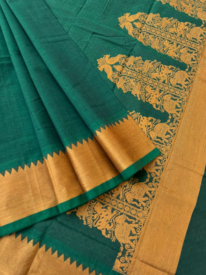 Mangalavastaram - deep dark Meenakshi green and mustard woven borders with gopuram vanasingaram woven pallu and Lakshadeepam woven blouse