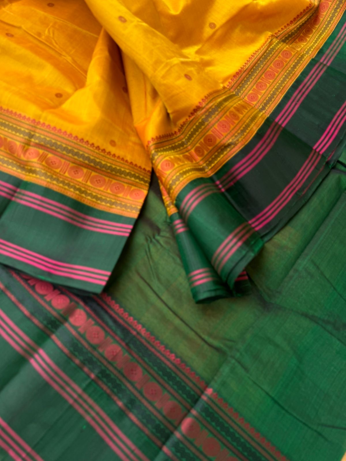 Divyam - Korvai Silk Cotton with Pure Silk Woven Borders - traditional at the best mustard and green