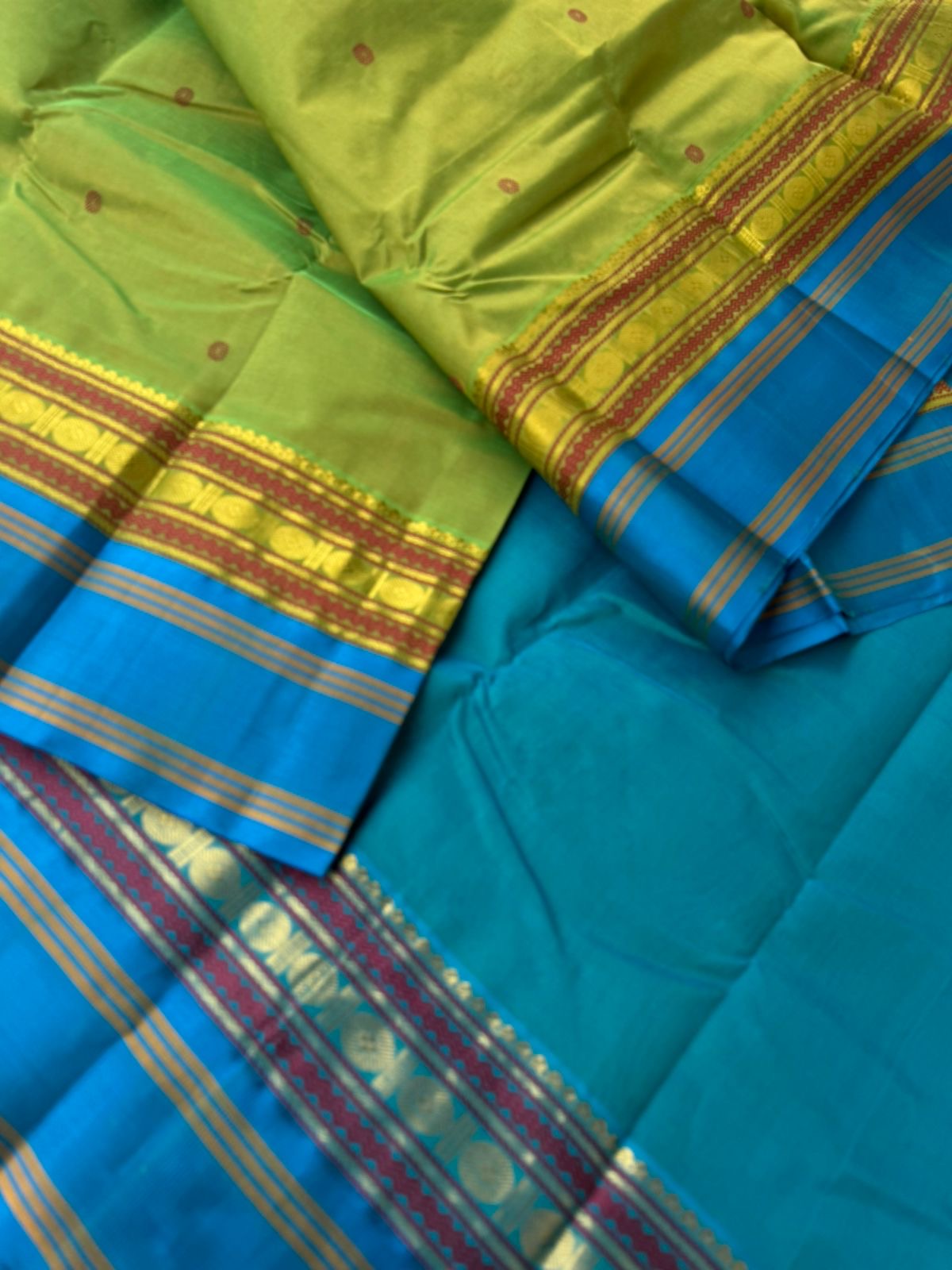 Divyam - Korvai Silk Cotton with Pure Silk Woven Borders - fresh green and blue