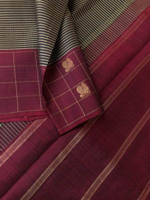 Radhee - Rare Find Kanchivarams - black grey podi kattam with wine maroon borders pallu and blouse