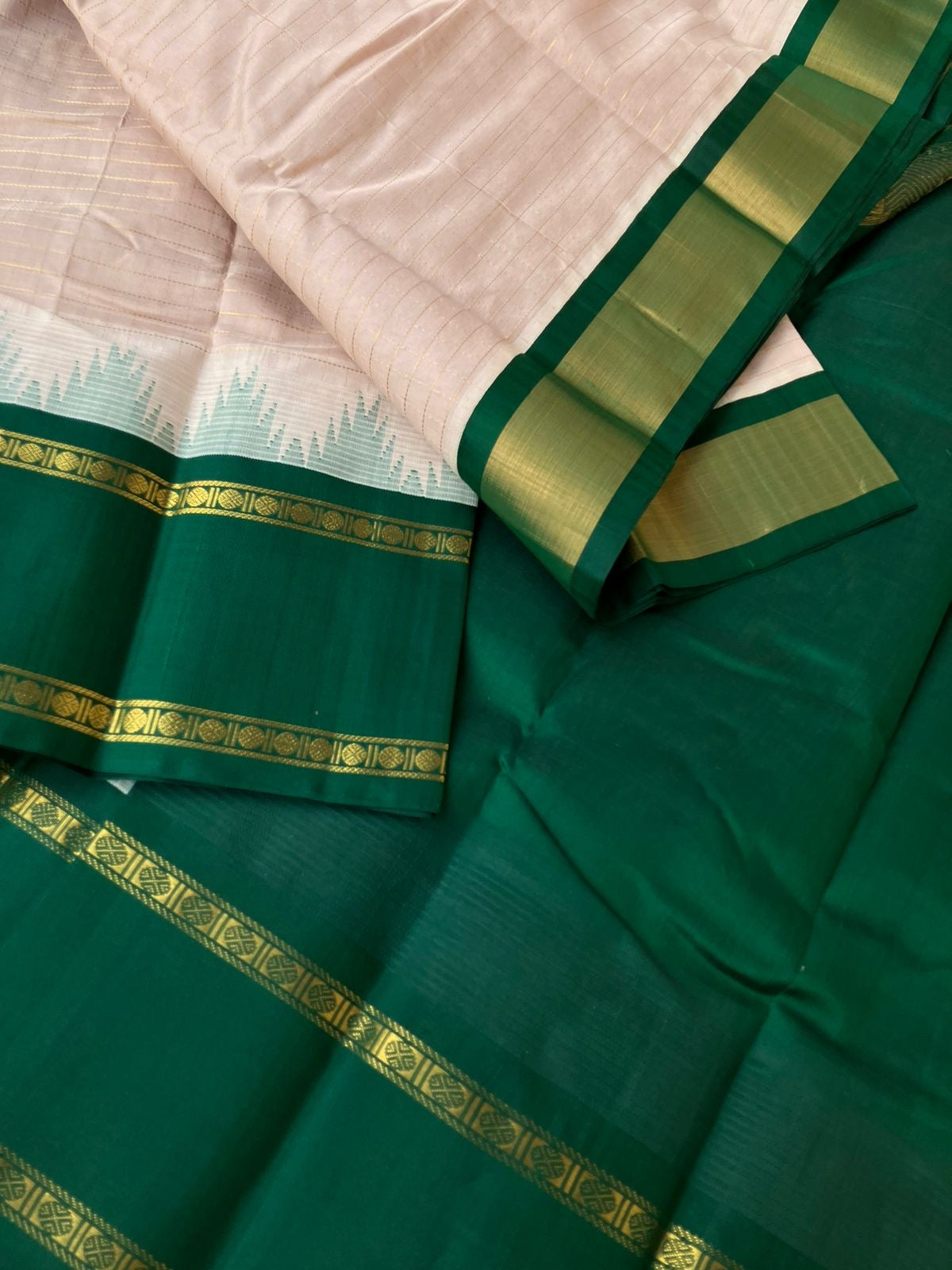 Korvai Silk Cotton - dusty off white and bottle green zari chex